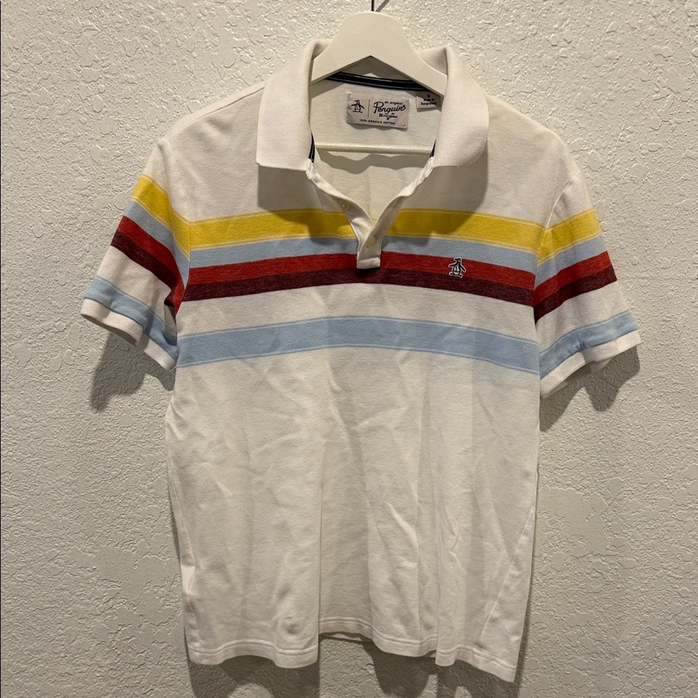 Men's Medium, Striped Penguin Polo Shirt - White with Multicolor Stripes